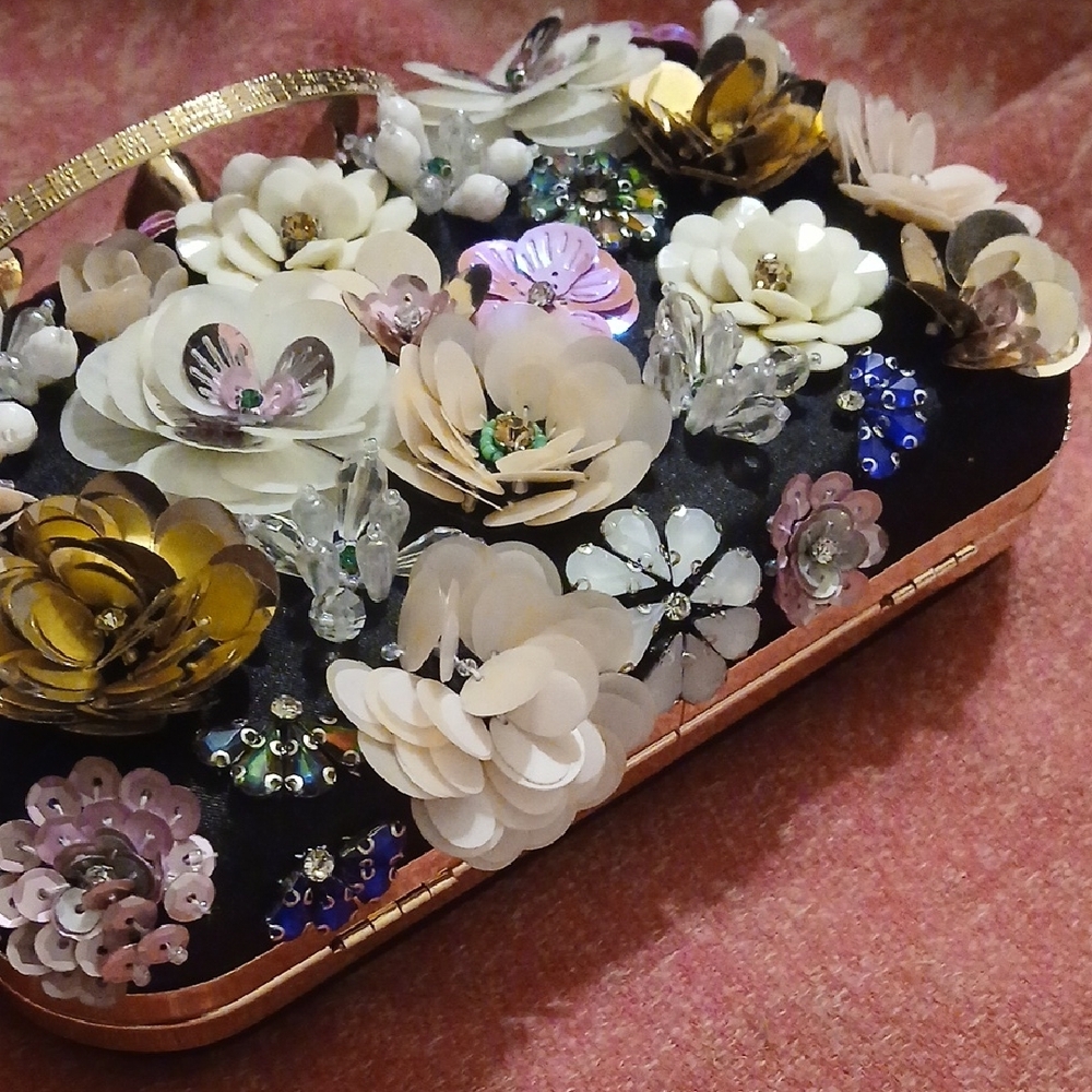 Bebe Black Floral Embellished Clutch